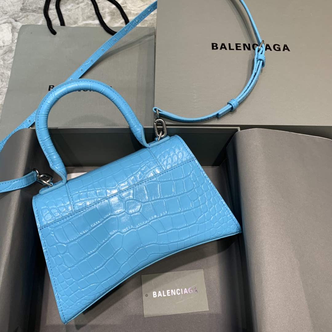 Balenciaga Hourglass Small Handbag Crocodile Embossed Shoulder Bag Sky Blue